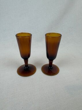 Vintage Amber Glass Shot Glasses Set of 2 – 4” Tall – Retro Barware MCM